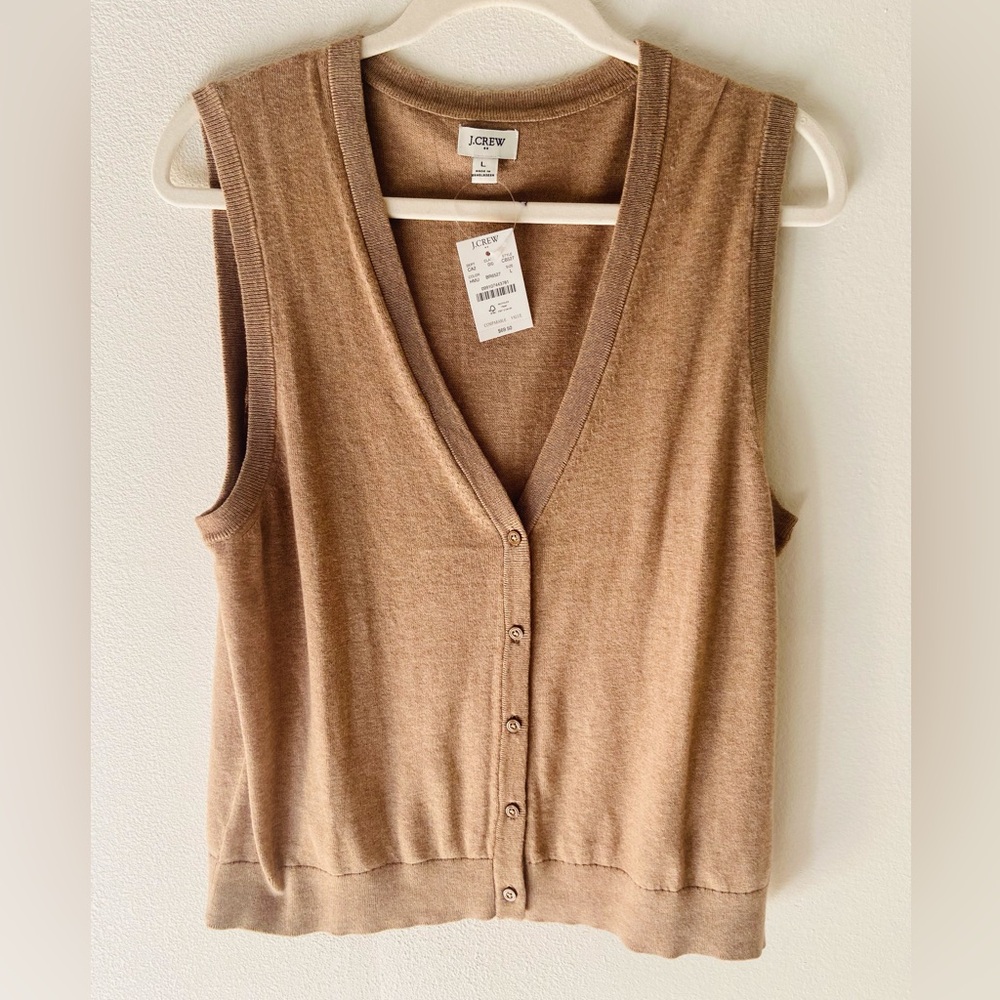 NWT J. Crew Tan/Mushroon Vneck Sleeveless Button up Vest  Cardigan Top Size Med